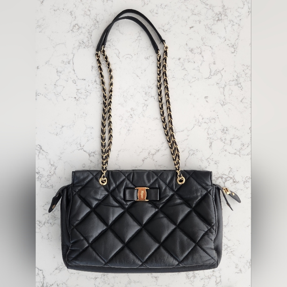 Ferragamo Medium Ginette Quilted Shoulder Bag in Black